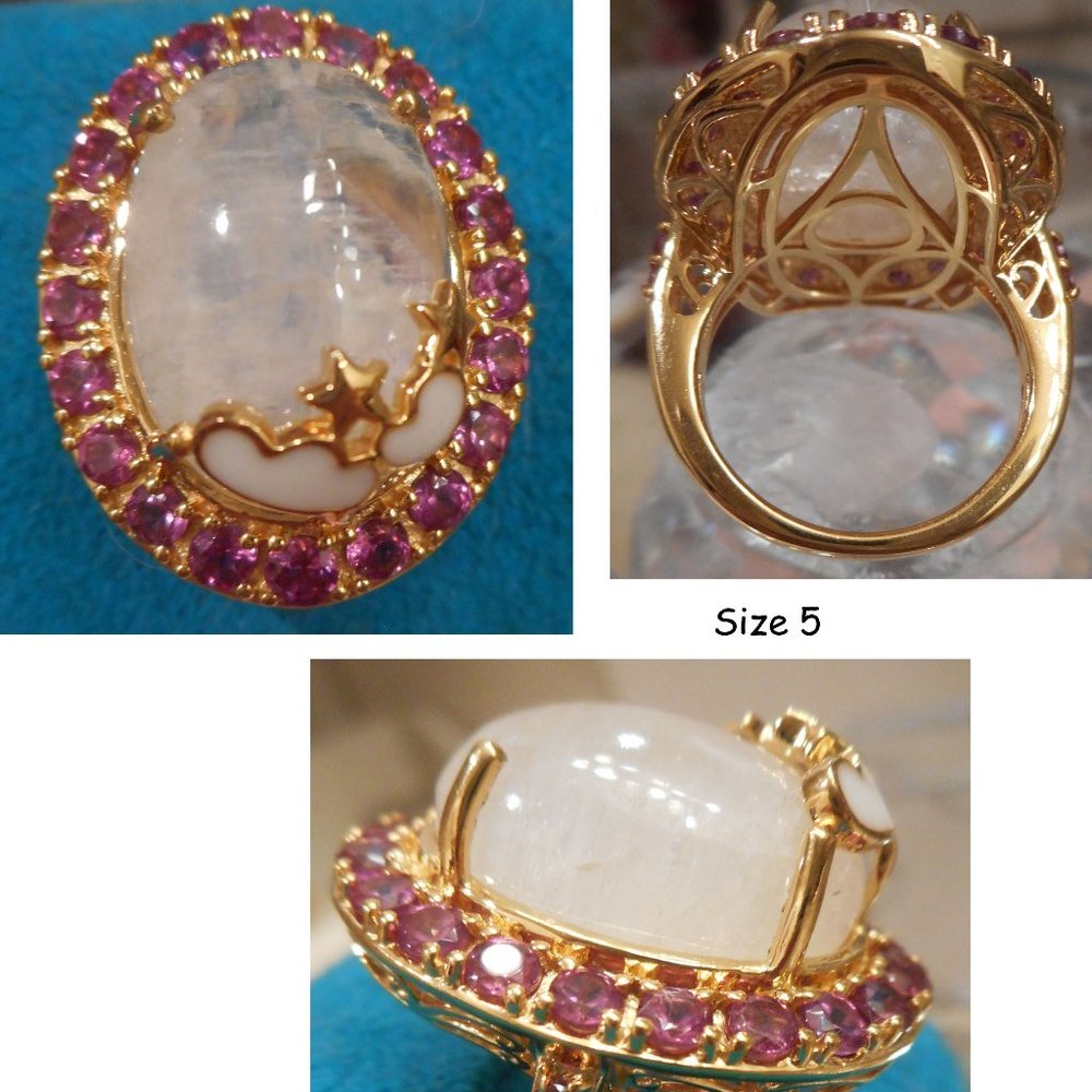 NEW Kuisa Rainbow Moonstone, Orissa Rhodolite Garnet Vermeil Celestial Ring. 5 - Picture 2 of 2